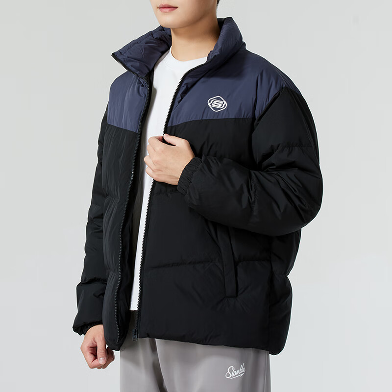斯凯奇(Skechers)男女同款梭织休闲防寒羽绒服新款时尚运动保暖立领外套L324U104-0018 ZP L324U104-0018/黑色 M