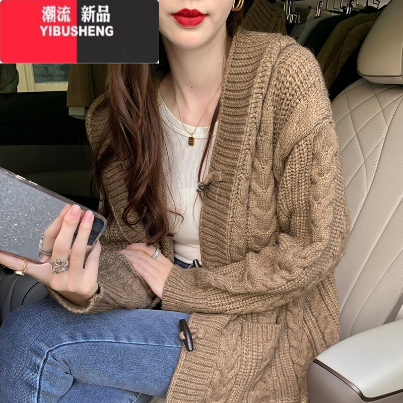 yibusheng连帽毛衣外套女开衫中长款加厚麻花针织宽松大码粗线大衣