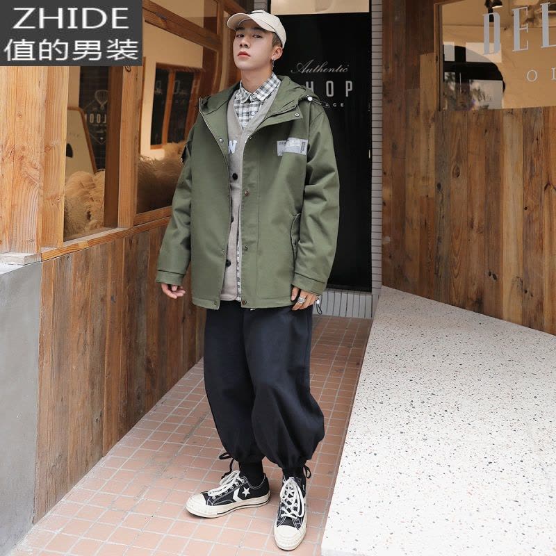 SUNTEK工装夹克男加肥加大码潮牌胖子连帽外套宽松上衣服春秋款日系复古夹克图片