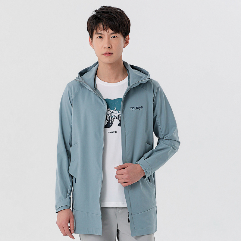 探路者外套男士中长款风衣连帽户外服装 春夏季户外男式防风衣旅行运动休闲外套透气舒适时尚