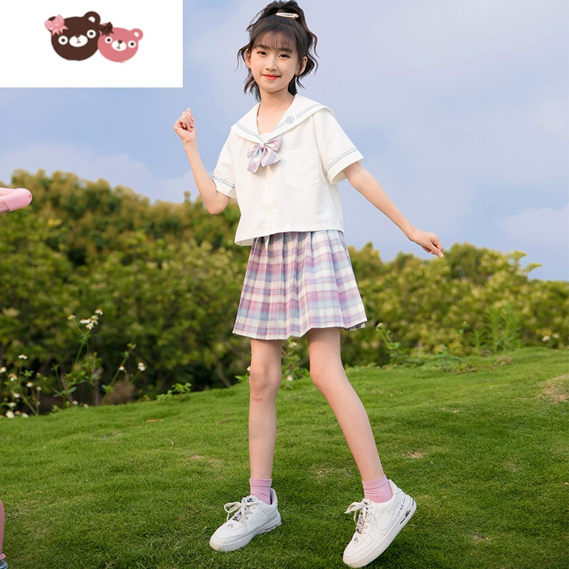 绿彩虹光女童连衣裙夏装洋气儿童水手服公主裙子夏季jk制服套装学院风