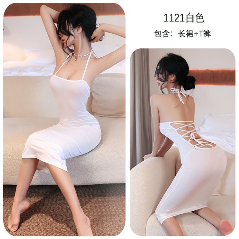 长夜漫漫情趣内衣女性感露背绑带免脱包臀裙激情套装诱惑制服1121 灰色 均码(80-130斤)