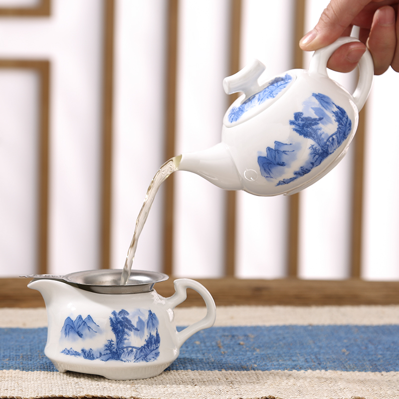 常生源 陶瓷功夫茶具套装 手绘 一壶六杯 茶道 茶漏 春山茶具套组高清大图