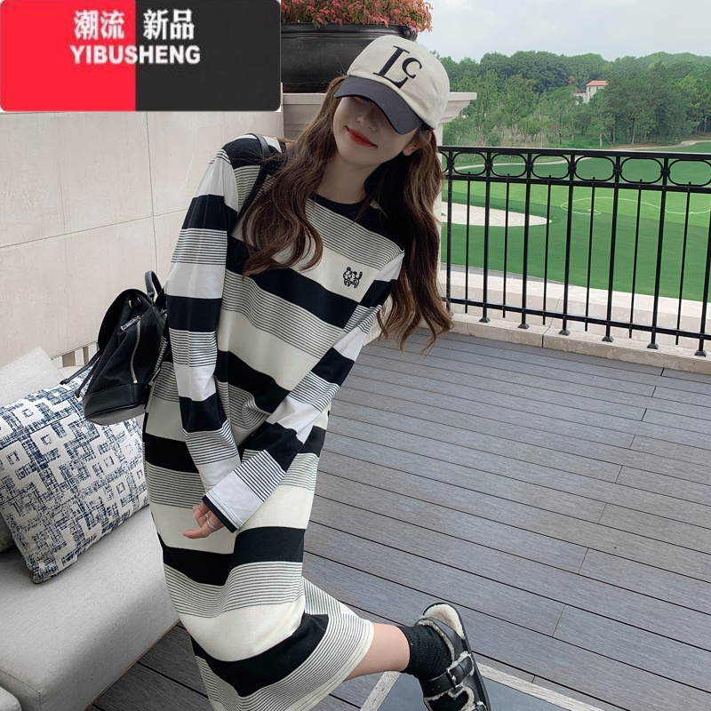 YIBUSHENG长款过膝短袖连衣裙女大码韩版宽松2024条纹t恤裙懒人孕妇裙子