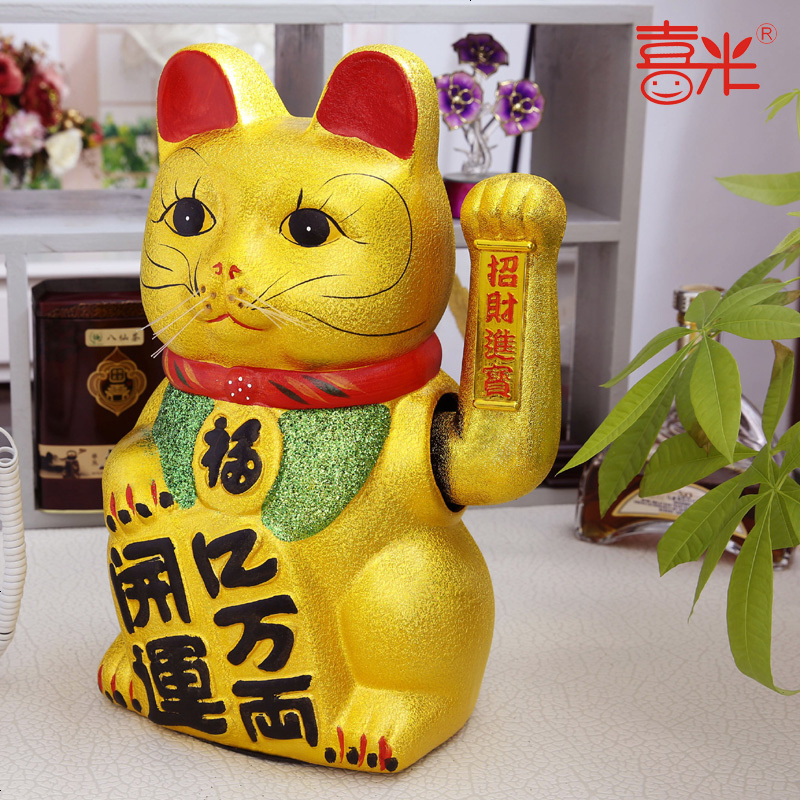 陶瓷电动招财猫摆件开业金色招财猫摇手新店开业礼品15寸送电池