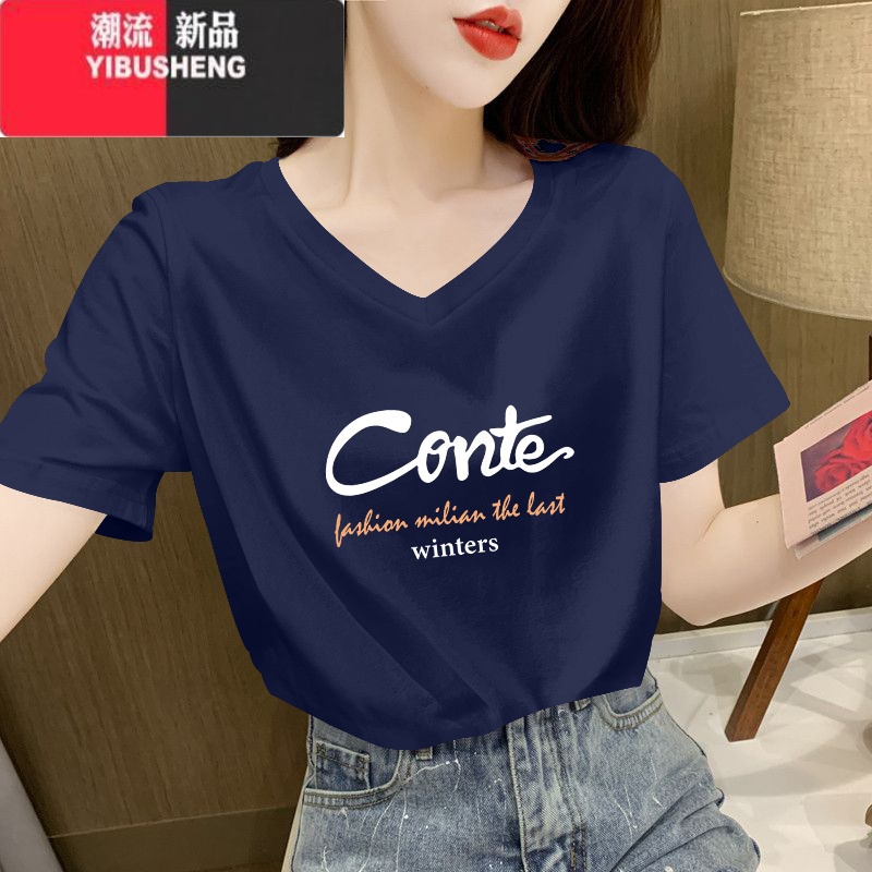 YIBUSHENG白色v领短袖t恤女宽松显瘦季2024新款时尚鸡心领上衣薄款高清大图