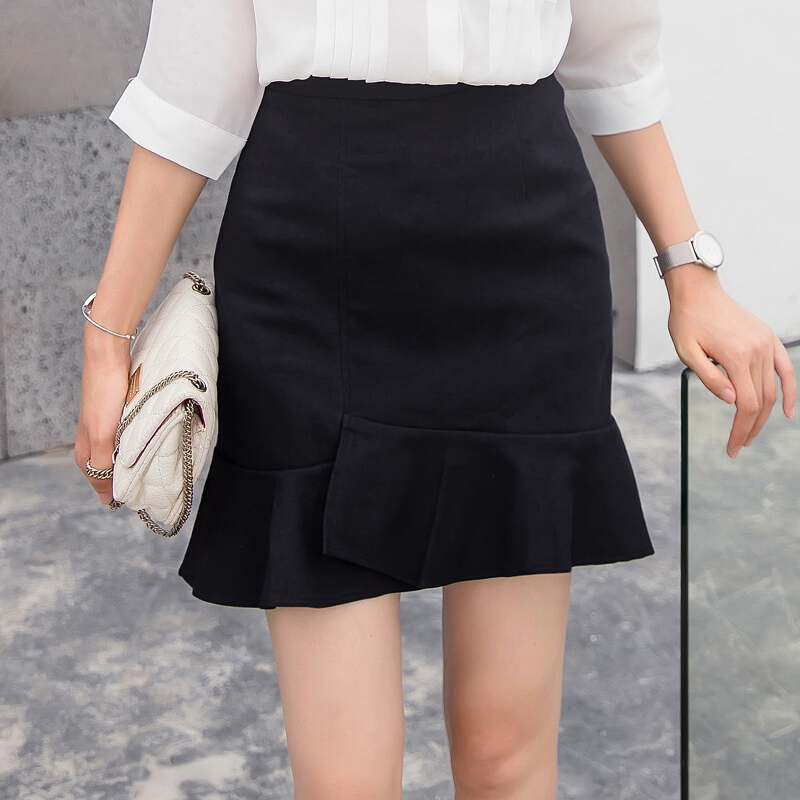 高腰裙子黑色不规则荷叶边半身裙包臀裙鱼尾裙牛仔短裙女春黑色