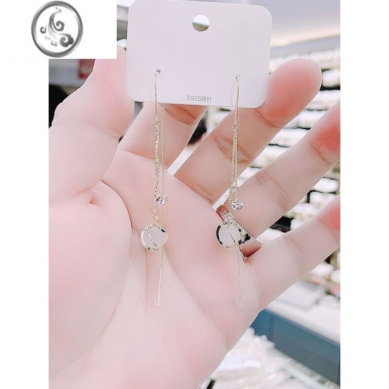 JiMi高级感镶钻流苏耳环长款猫眼石耳线超闪气质个性百搭女耳饰显脸瘦