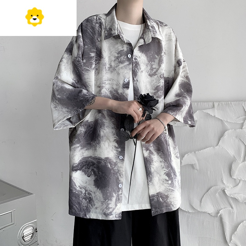 fish basket胖子冰丝半袖衬衫男大码新款季痞帅短袖花衬衣宽松潮流五