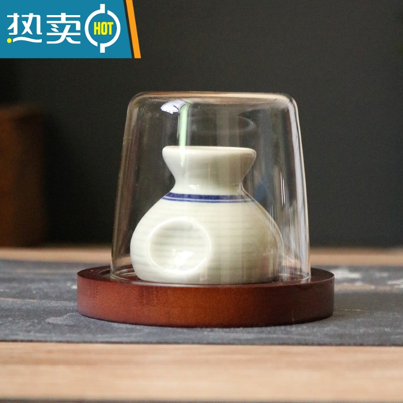 敬平日式牙签盒复古陶瓷牙签筒罐家用个性创意轻奢牙线收纳盒木质 兰线布袋(带玻璃盖+圆木底座)