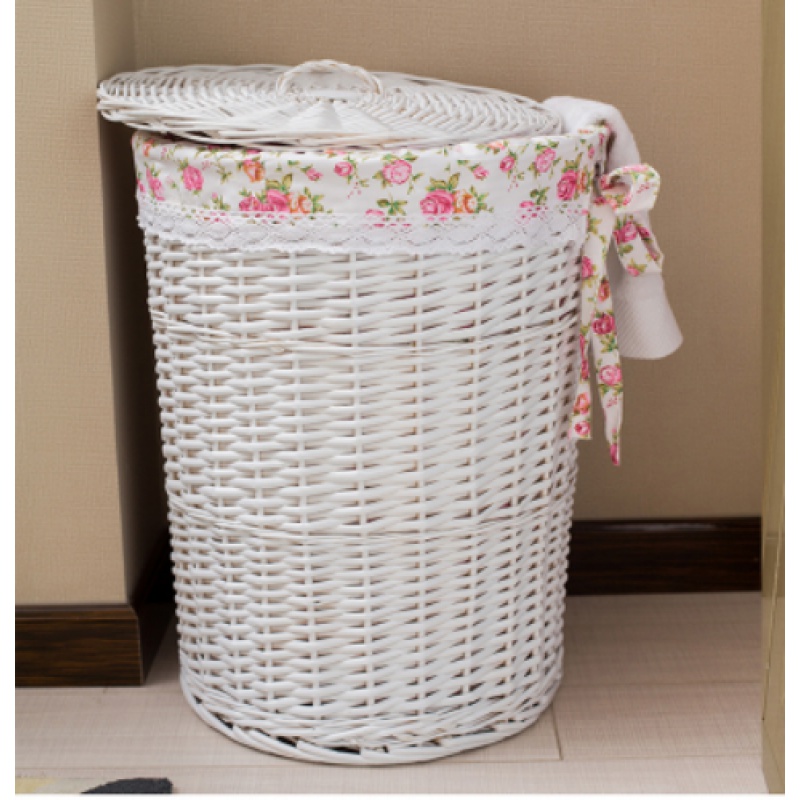 脏衣篮藤编收纳筐脏衣篓家用衣物收纳篮藤编筐火锅店衣服收纳筐篮 有盖白色玫瑰花布大号口42cm高52cm