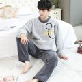 男士睡衣冬季可外穿法兰绒加绒加厚冬天睡衣男款珊瑚绒家居服套装 XL建议【120-145斤】 嗨皮绣字撞色长绒【套头】