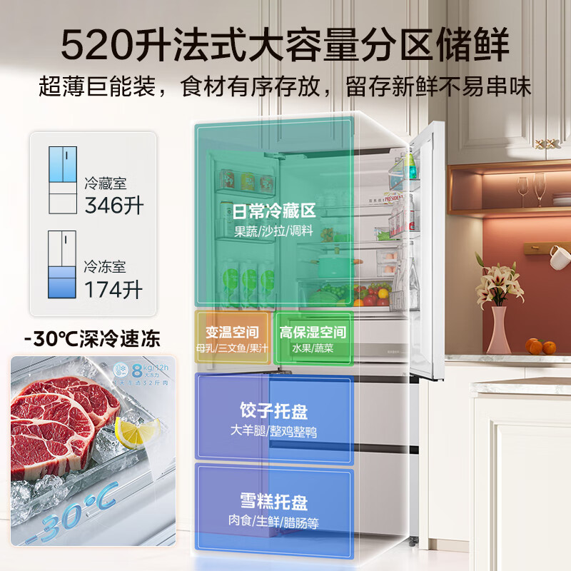 美的(Midea)520升多门双变频一级能效净味抗菌干湿分储冰箱BCD-520WUFPZM(E)海贝白