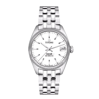 梅花Titoni手表女宇宙系列自动机械女士腕表33.5mm钢带白盘 黄色