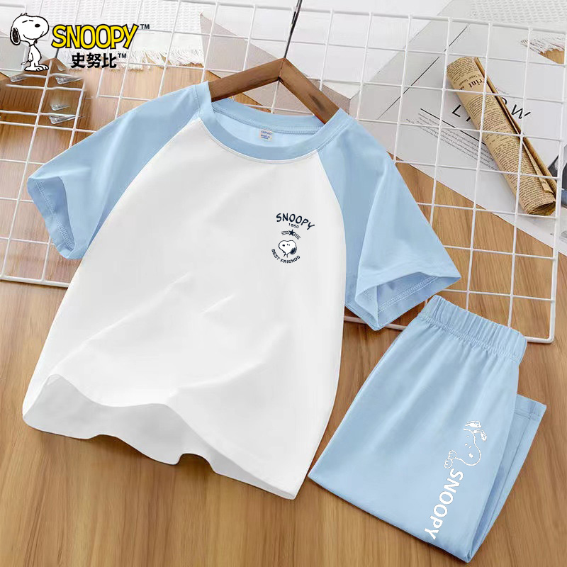 史努比(SNOOPY)儿童套装夏季薄款纯棉短袖女童空调服男孩睡衣休闲家居服套22TI01高清大图