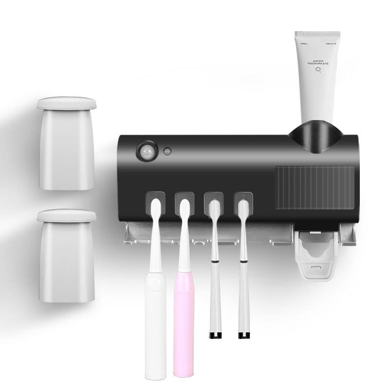 智能牙刷消毒器紫外线自动挤牙膏免插电牙具收纳盒置物架 三维工匠 DBMCD-P38黑色(+3个倒吸杯)牙刷架/牙具座图片