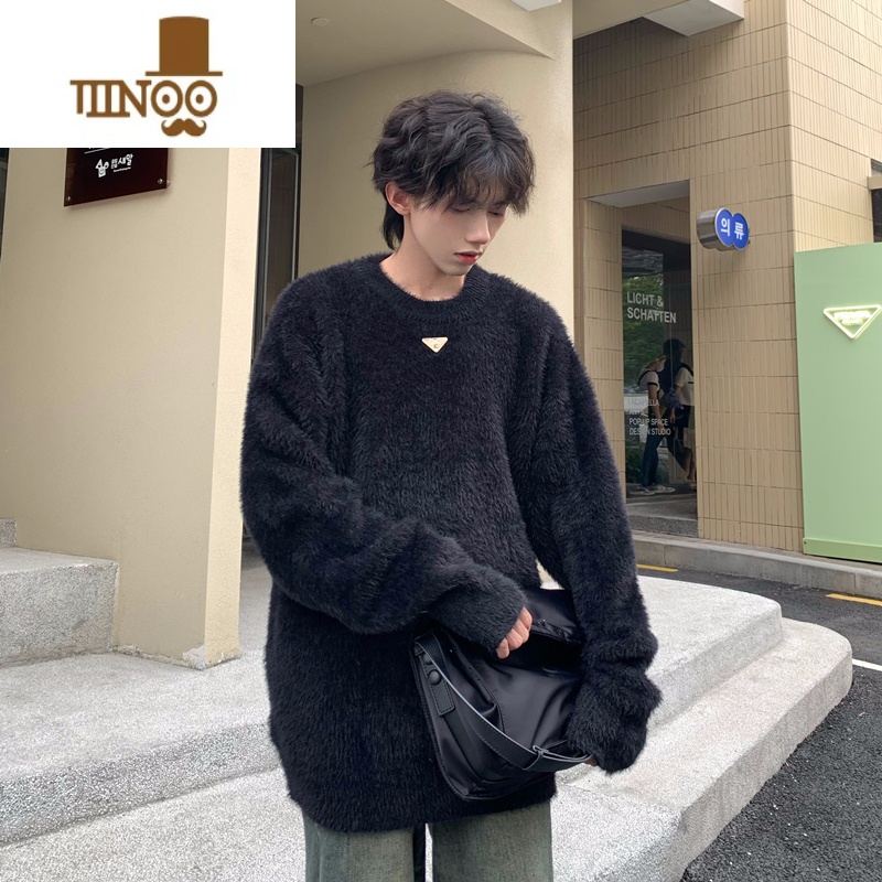 YANXU美式圆领毛衣男士2023秋季新款潮牌情侣慵懒风宽松针织衫上衣高清大图