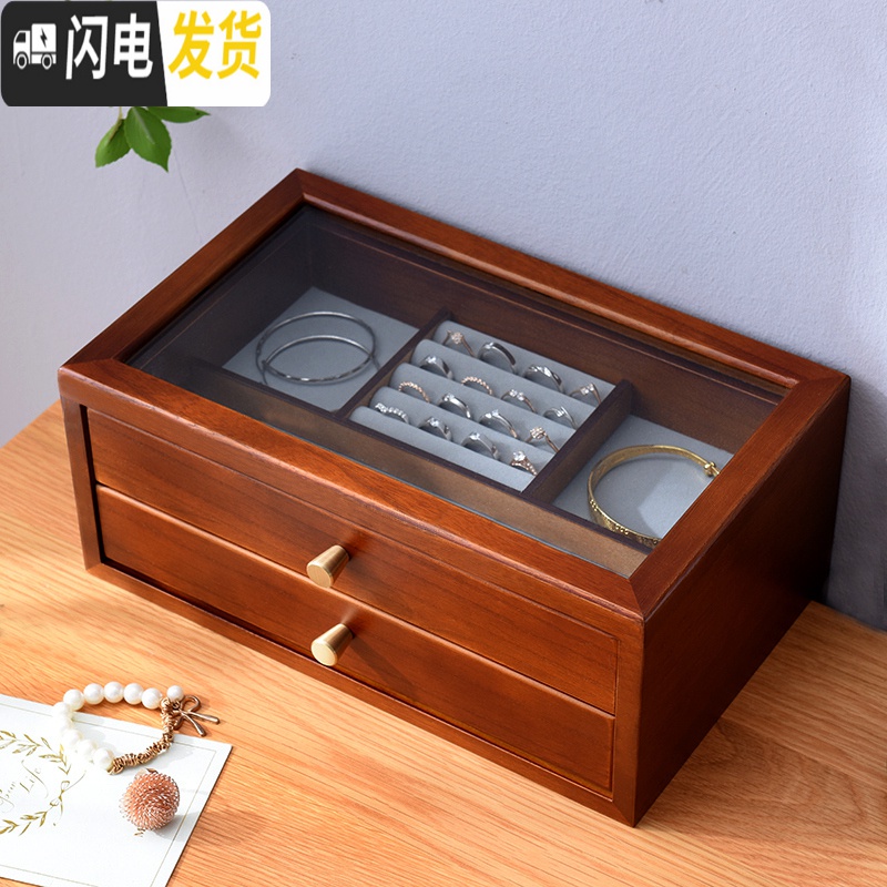 三维工匠首饰盒女带绒布多功能手饰耳环耳链收纳盒木质防尘公主欧式饰品盒高清大图