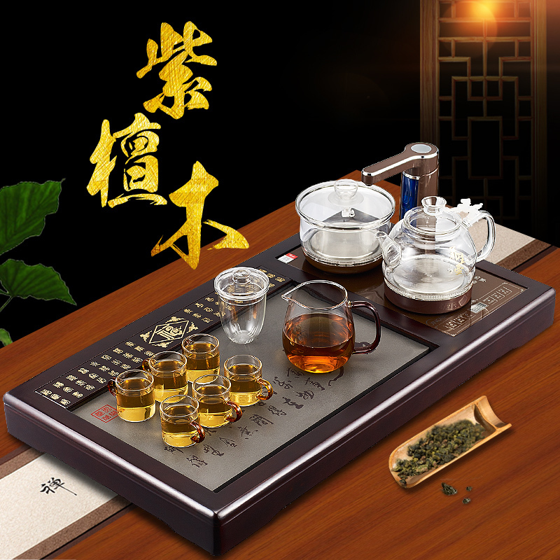 金杞(JINQI) 整套茶具全自动上水玻璃电热水壶耐热消毒烧水紫檀木咖啡色自动断电茶具套装