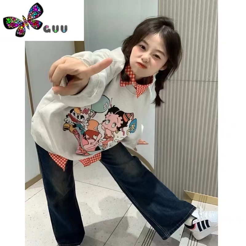 语娄国潮牌复古贝蒂小姐卫衣女宽松hiphop小众银狐绒长袖上衣