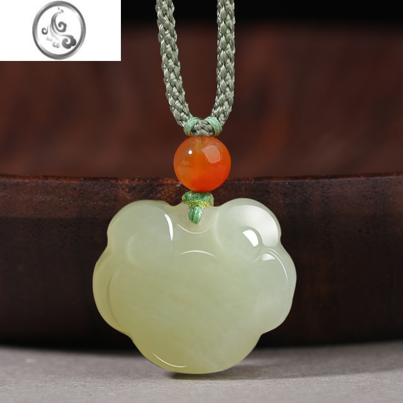 JiMi和田玉平安如意锁吊坠男女宝宝儿童玉石玉坠项链白玉玉佩挂件扣 玺晶级和田玉翠绿色绳大号约20.6MM*19.1MM进口波兰