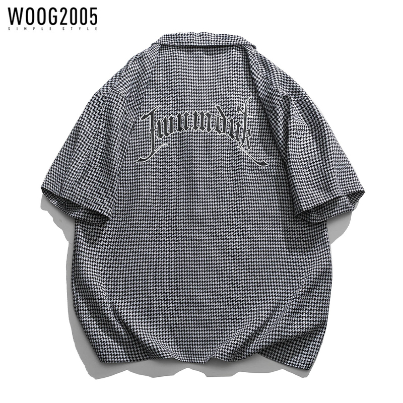 WOOG2005 夏季格子字母印花衬衫短袖男外穿休闲宽松潮流短袖衬衣