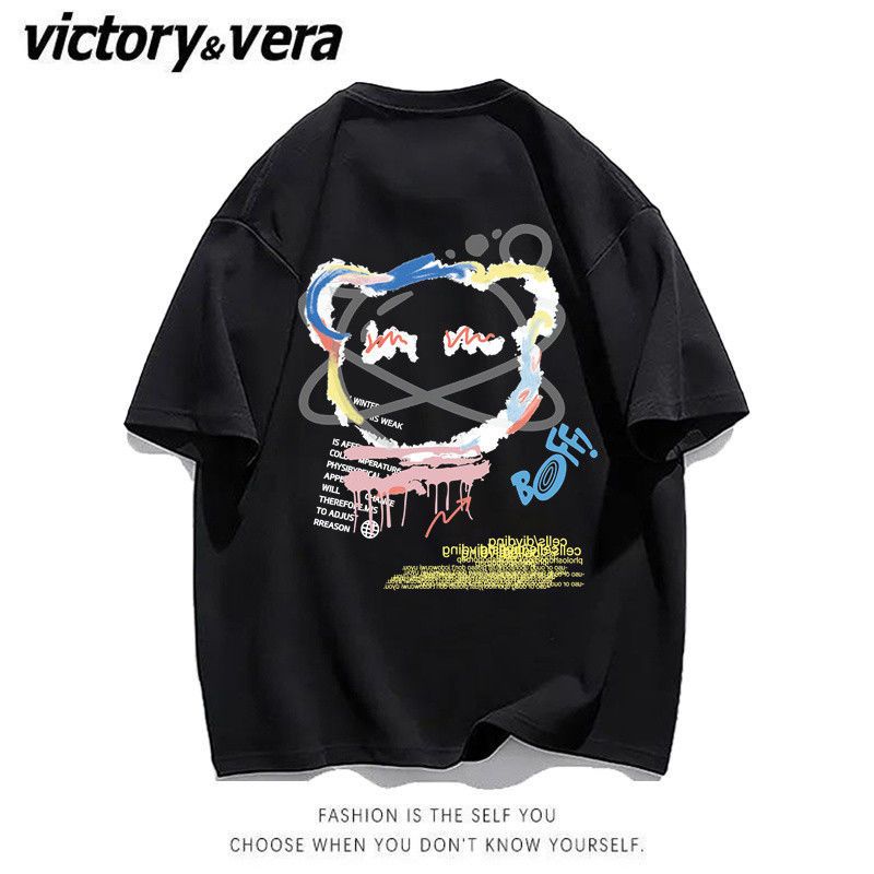 VICTORYVERA美式高街复古小熊印花短袖T恤女夏季潮牌宽松半袖上衣