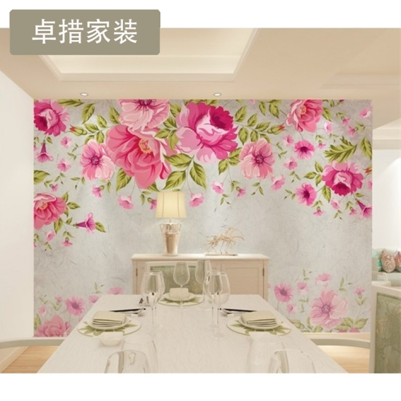 定制 手绘现代中式大型壁画 简约粉色花卉电视背景墙纸卧室客厅壁壹德壹