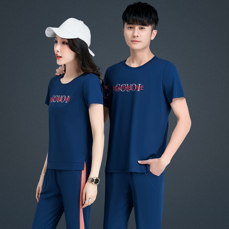 新款短袖情侣装夏季运动风套装男短袖t恤休闲套装晨跑套装男潮流视频
