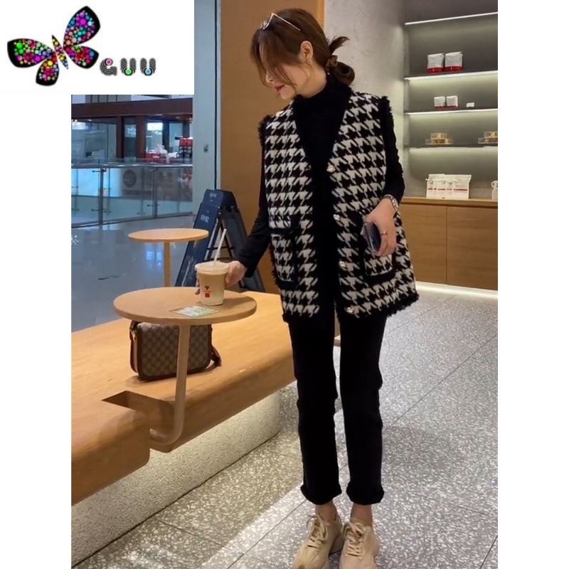 语娄小香风马甲女针织背心千鸟格外套秋季新款毛衣开衫女外搭无袖坎肩