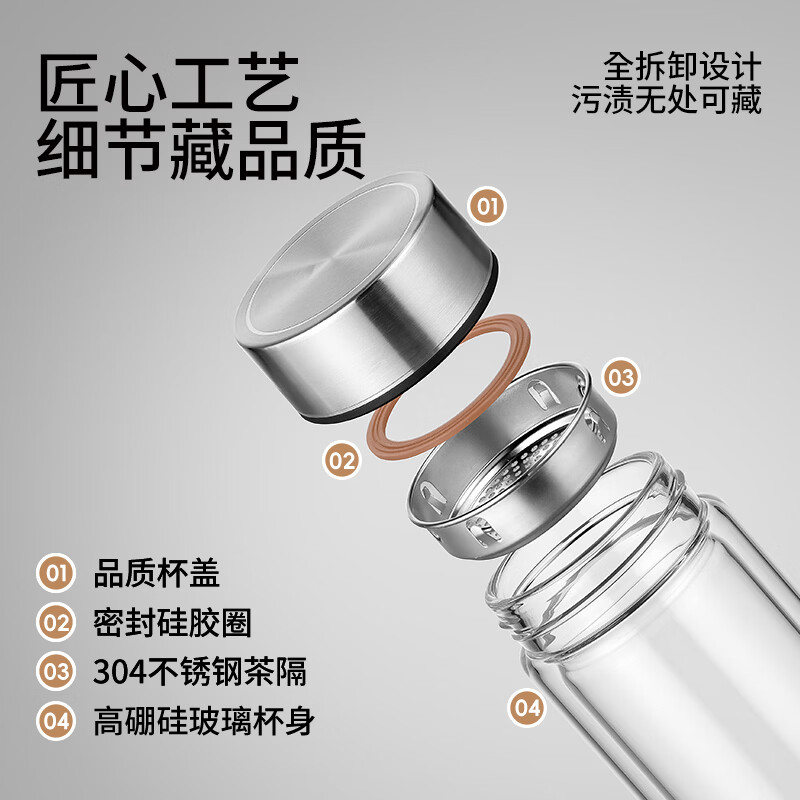 富光双层玻璃杯便携泡茶杯车载办公水杯 --G2424-SH-330 本色330ml高清大图