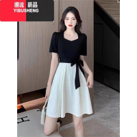 YIBUSHENG假两件短袖方领收腰连衣裙女装2024季新款梨型身材穿搭茶歇裙子