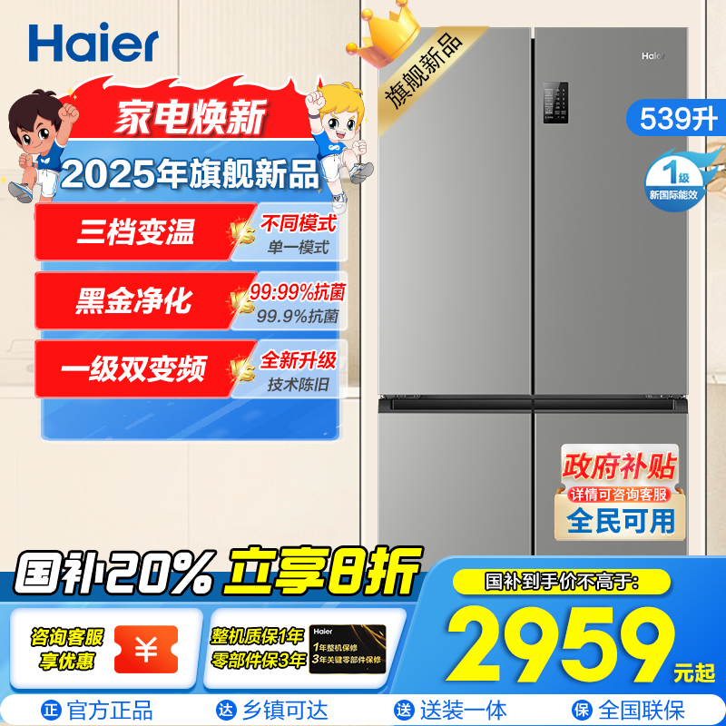 海尔(Haier)539L大容量三档变温黑金净化一级双变频WIFI智能联网旗舰新品 BCD-539WGHTDEDH9U1