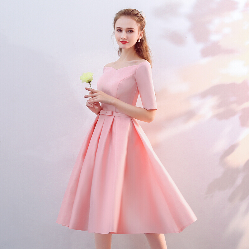 伴娘服中长款2017新款韩版婚礼粉色伴娘团礼服姐妹裙闺蜜装缎面女