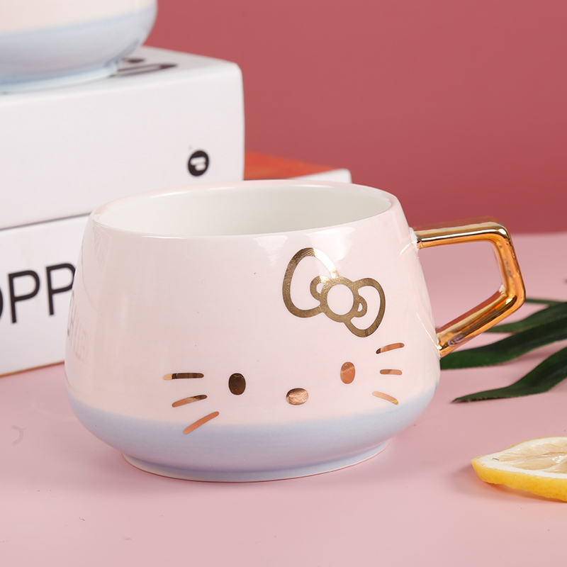 凯蒂猫hellokitty手彩描金拼色陶瓷杯马克杯咖啡杯子创意情侣奶茶杯