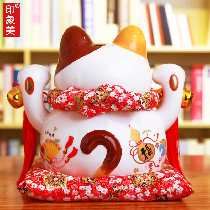 猫店铺开业礼品创意陶瓷家居摆件存钱储蓄罐12寸14寸 三维工匠 12寸八方来财大花布垫猫高清大图