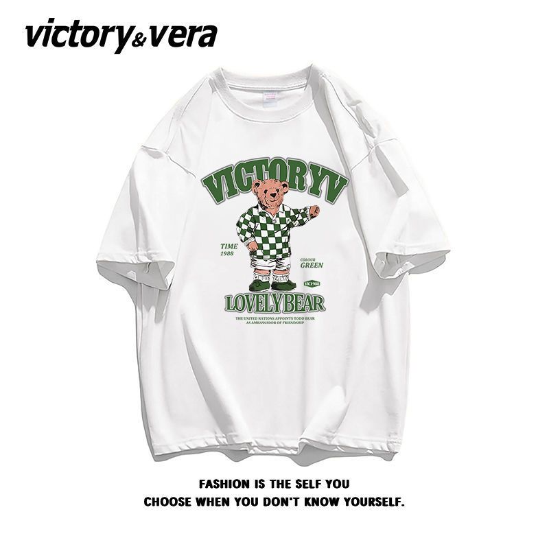 VICTORYVERA夏季2022盐系ins小熊印花短袖T恤女韩系纯棉宽松上衣