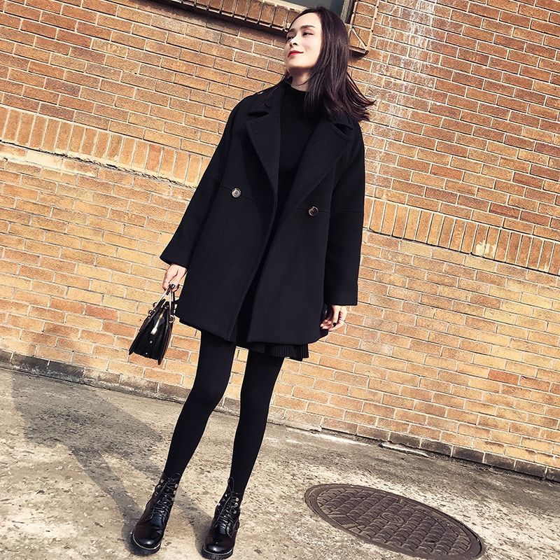 韩版2021秋冬新款休闲茧型毛呢外套黑色加厚短款矮个子大衣女装潮