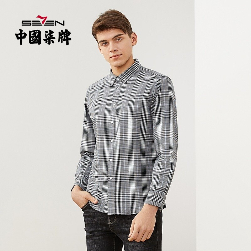 柒牌男装长袖衬衫男秋季舒适格纹男士衬衣舒适上衣121ja70080