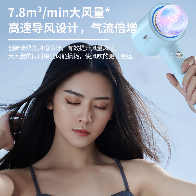 超人电吹风直筒型家用大功率负离子家用便携式负离子电吹风机带风嘴 超人HD1670蓝高清大图