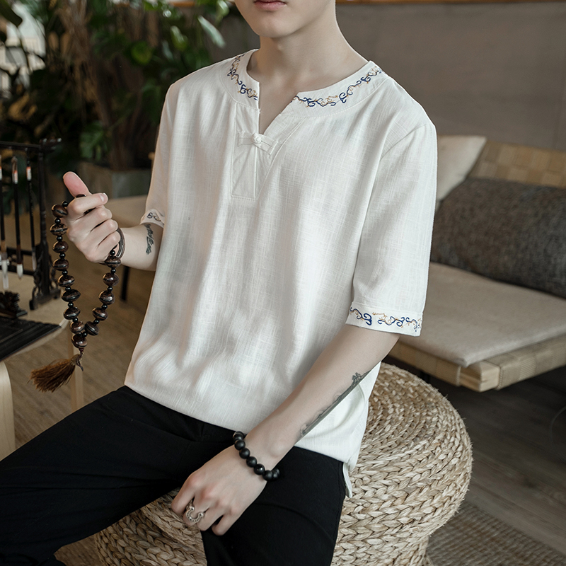 中国风亚麻刺绣五分袖体恤夏季潮胖男装V领半袖加肥大码青年体恤