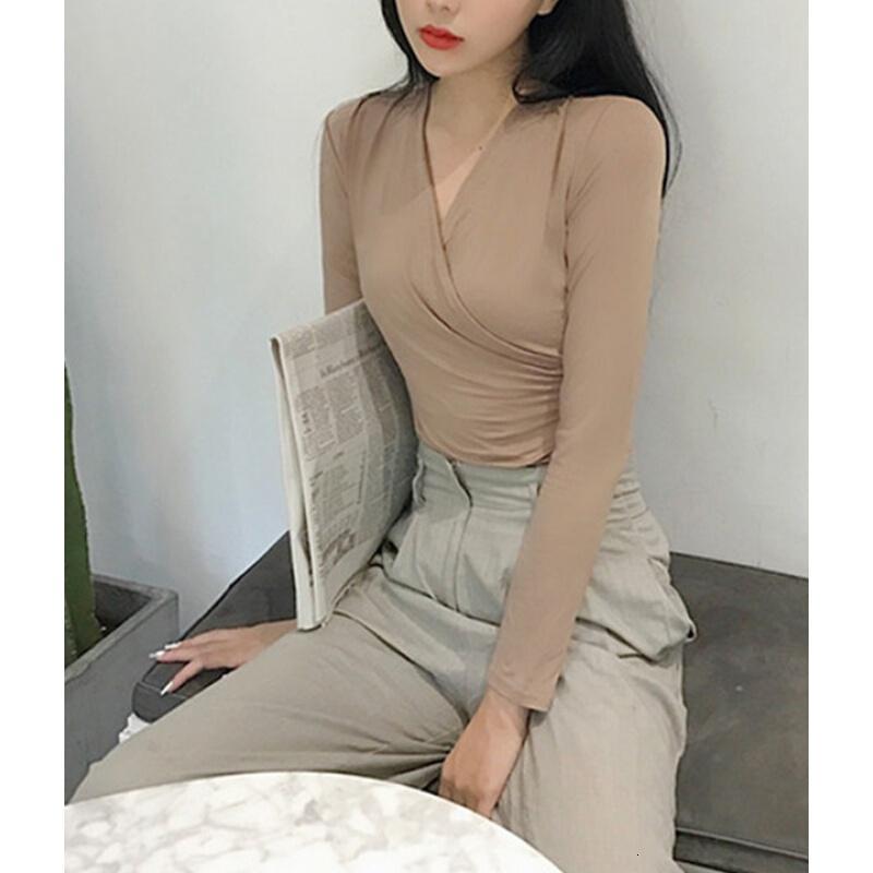 韩风纯色气质性感交叉V领长袖T恤修身显瘦休闲基础上衣女浅卡均码