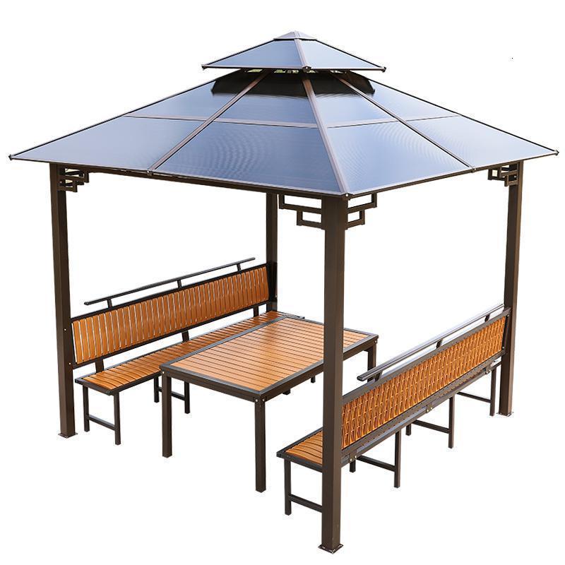 森美人室外铁艺亭子四角亭户外凉亭小木屋庭院花园农家乐农庄帐篷遮阳棚 两面座板+塑木桌【柚木色】