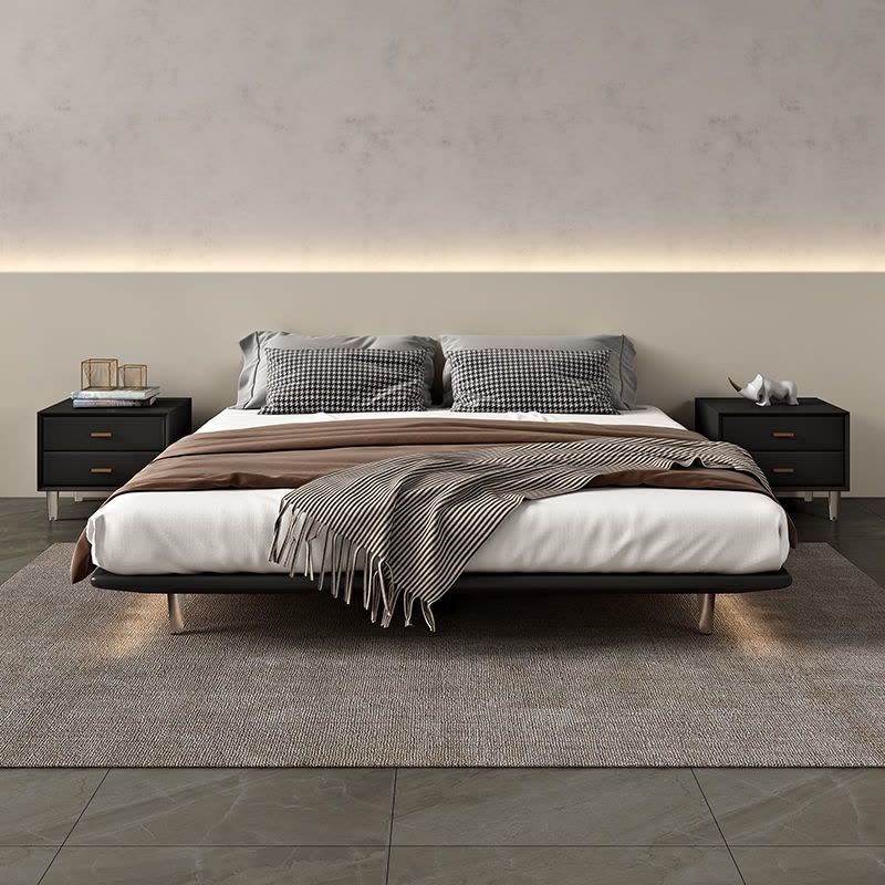 意式极简无床头床悬浮床主卧现代简约带感应灯悬空床架实木床图片