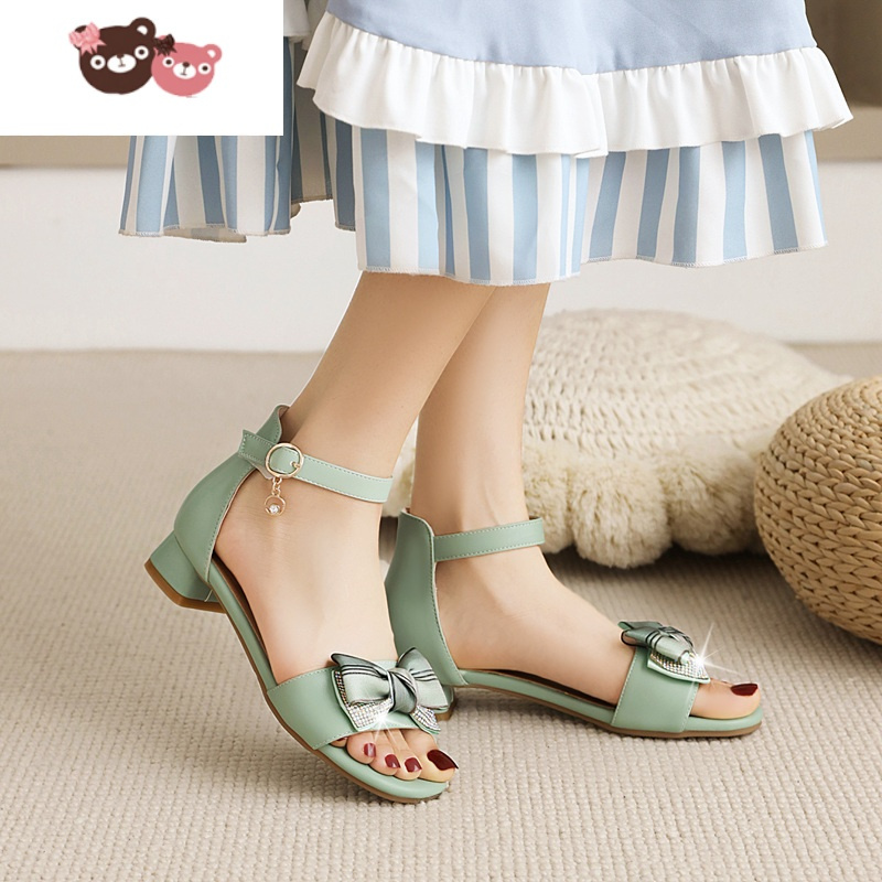 绿彩虹光公主鞋女童凉鞋夏季新款时尚小女孩蝴蝶结学生中大童鞋儿童