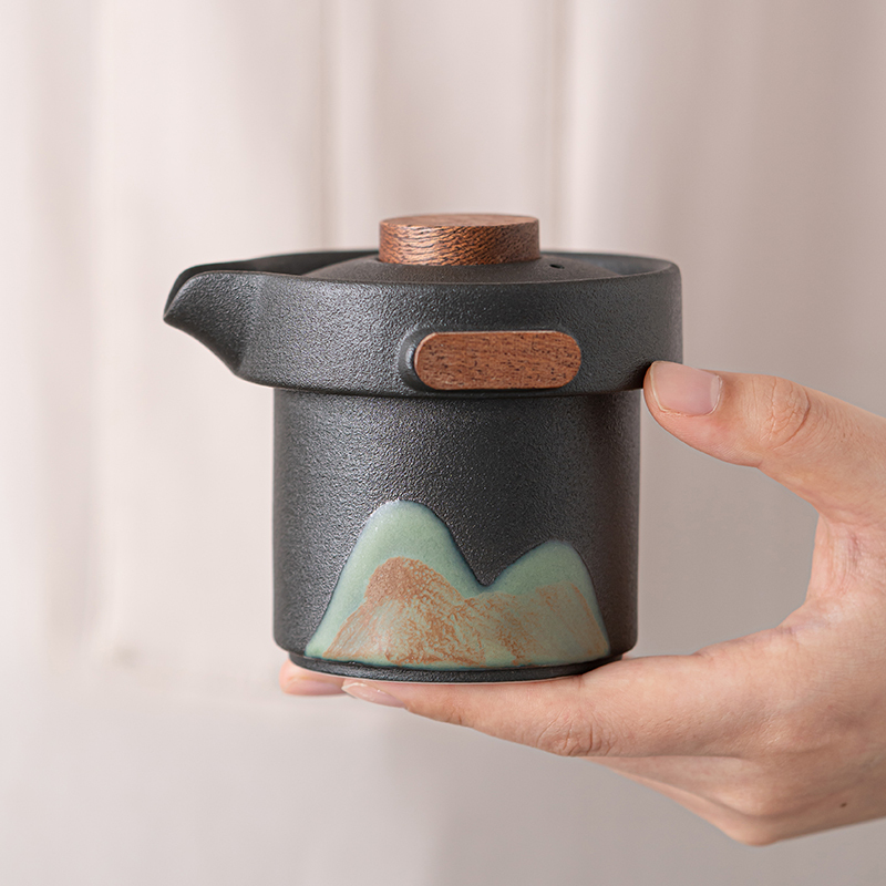 苏氏陶瓷(SUSHI CERAMICS)手绘釉画彩千里江山四色杯清风壶套装禅黑文创伴手礼套组