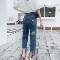 复古牛仔裤女新款韩版高腰宽松大码小脚九分裤破洞7.28