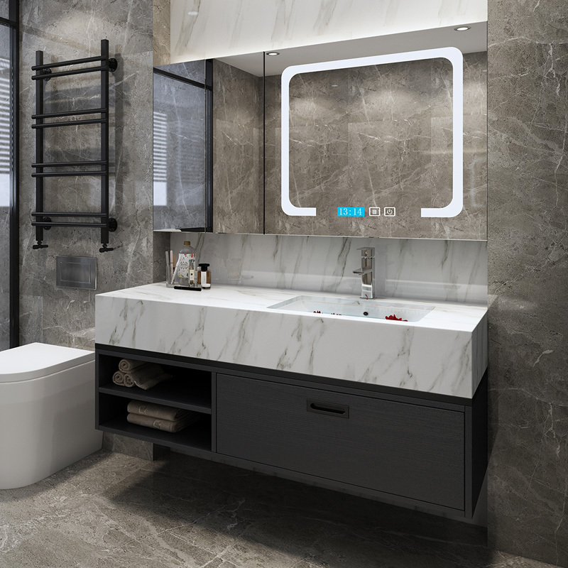 苏宁放心购现代轻奢浴室柜大理石台面简约卫生间实木洗漱台卫浴柜洗脸