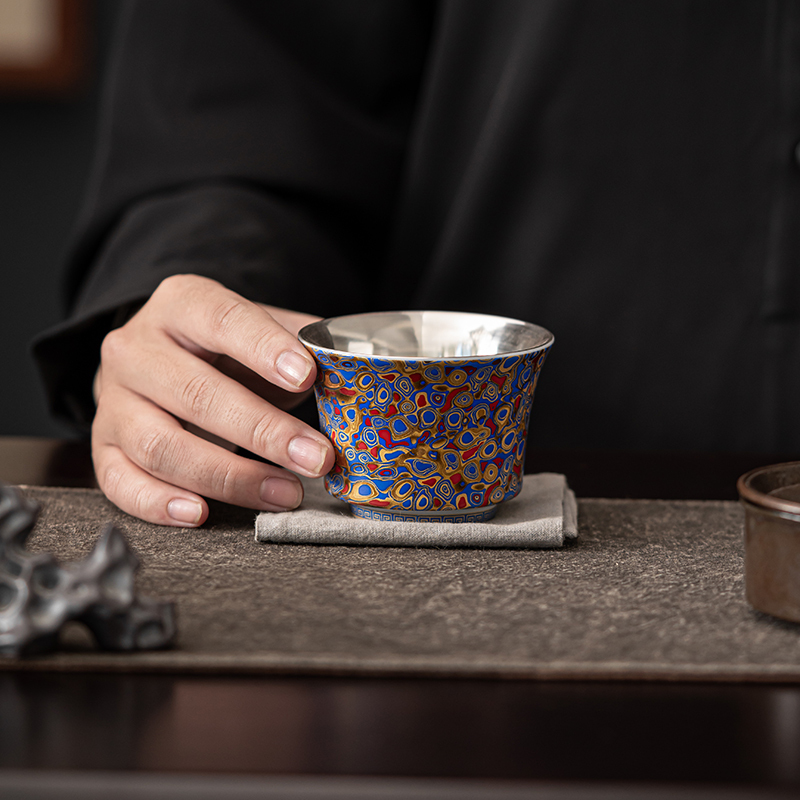 苏氏陶瓷(SUSHI CERAMICS)漆艺鎏银国潮茶杯主人杯个人杯品茗杯功夫茶杯(蓝)