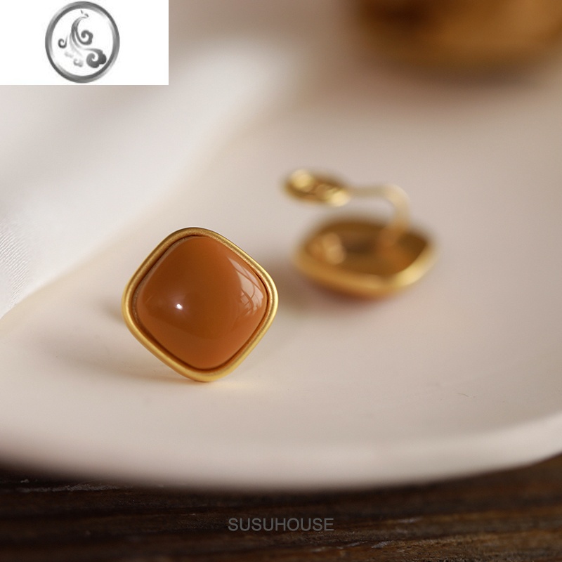 JiMi复古红色蚊香盘耳夹无耳洞女新年红耳钉港风方块无痛耳饰新款春耳 现货浅咖色蚊香盘耳夹无耳洞一对